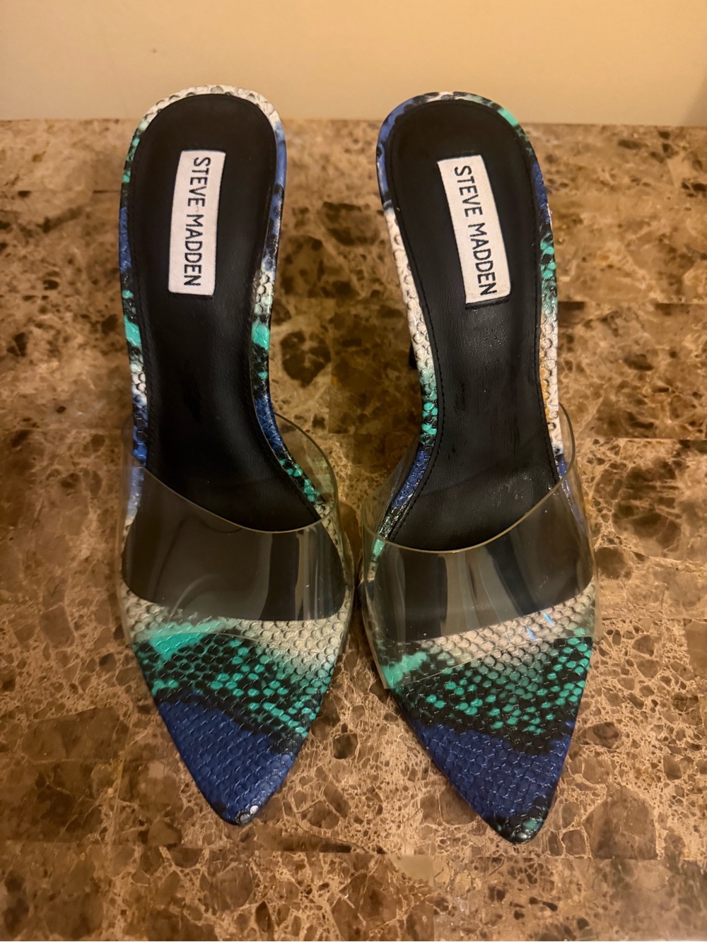 Steve Madden Teal & Blue Snakeskin Pointed Mules with Clear Strap